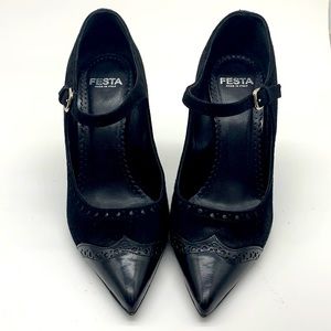 Fiesta  Italian Women’s Leather Suede Pointed Toe Buckle Latch Black Heel EU 37